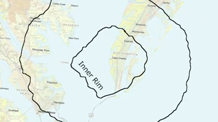 Map showing the vast inner rim of the ancient Chesapeake Bay impact crater.