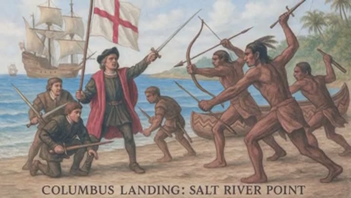 Historical depiction of Columbus's landing at Salt River Point, marking cultural crossroads.