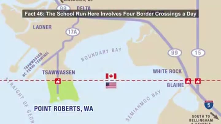 Map illustrating the unique exclave of Point Roberts, Washington, requiring multiple border crossings.