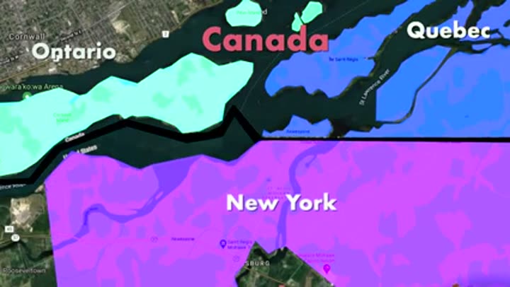 Colorful map showing the US-Canada border following the St. Lawrence River.