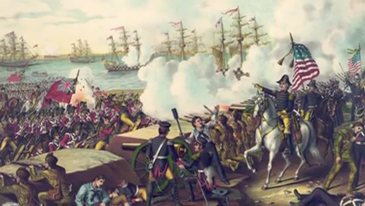 Historical painting depicting a battle, reflecting past conflicts along the US-Canada border.