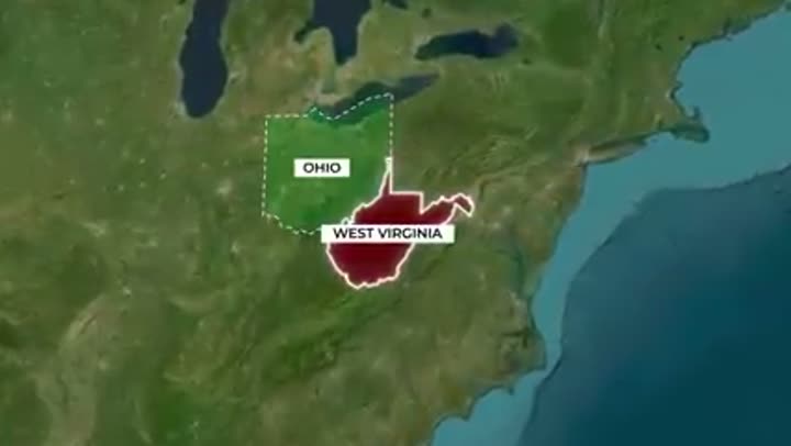 Geographic map highlighting West Virginia's distinctive borders with neighboring Ohio.