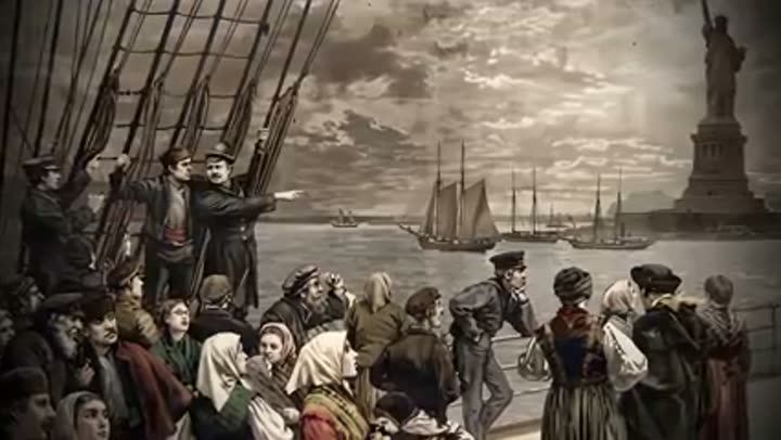 Historical illustration depicting immigrants arriving in America, symbolizing past migration waves.