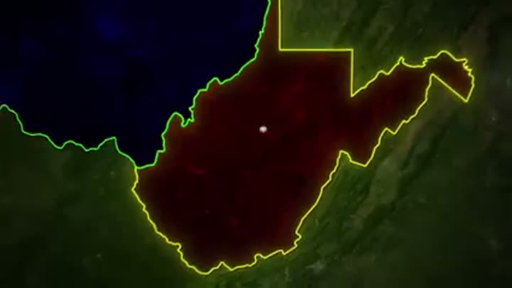 Illuminated map of West Virginia, highlighting the state's distinct geographical boundaries.