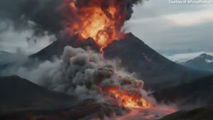 Dramatic volcanic eruption with fiery lava and ash, showcasing Alaska's violent geology.