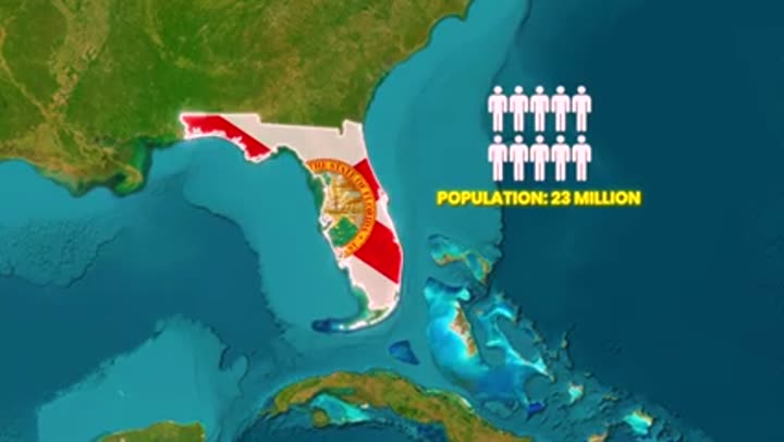 Map of Florida highlighting its 23 million population, illustrating human impact on geography.