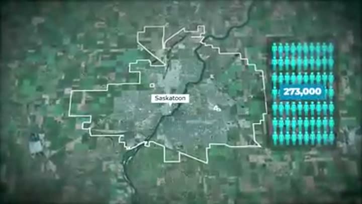 Satellite map of Saskatoon, highlighting its population and potential for growth.