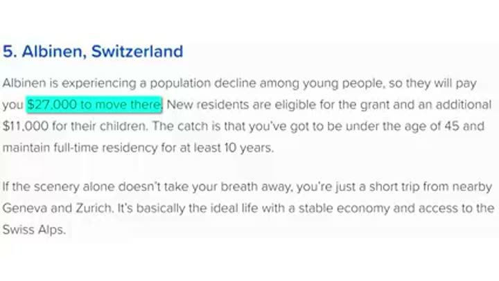 Text detailing Albinen, Switzerland's $27,000 incentive to attract new residents.