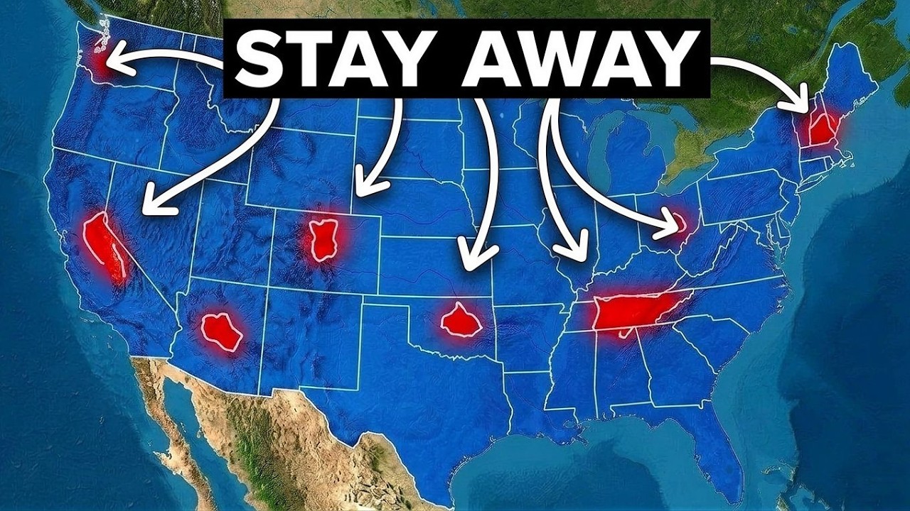Map highlights various US states with dangerous geographic locations, setting the article's scope.