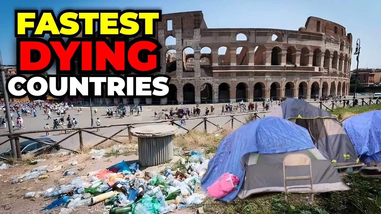 Rome's iconic Colosseum juxtaposed with urban decay, hinting at national decline.
