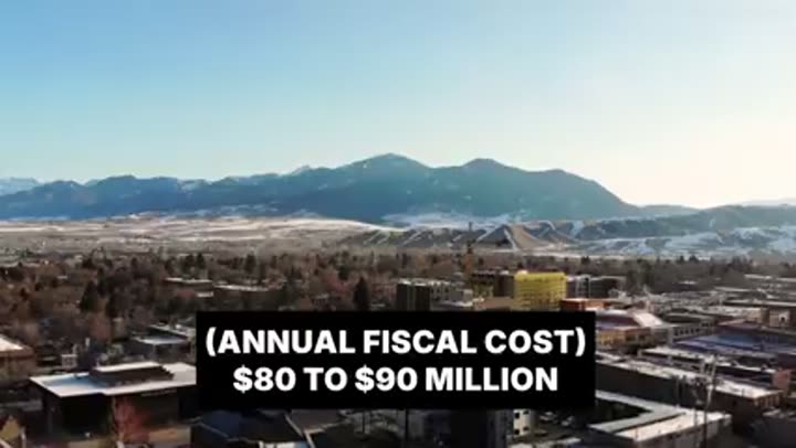 Snowy town with mountains, highlighting an annual fiscal cost of $80-90 million.