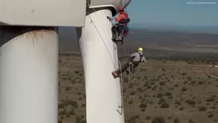 Workers performing maintenance on a large wind turbine, representing industrial labor.