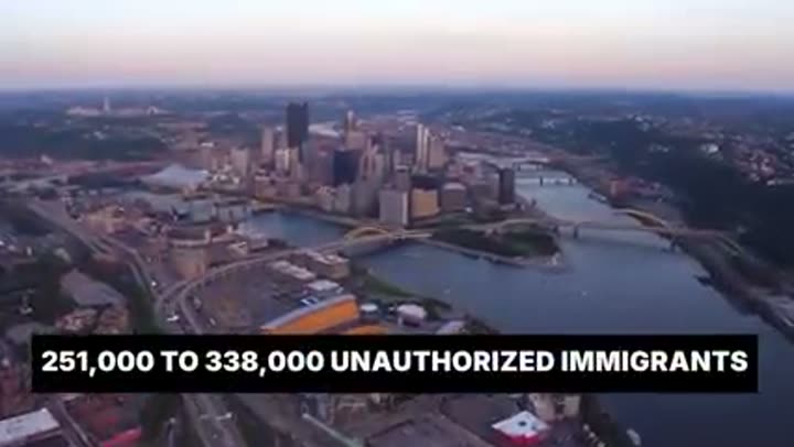 City skyline with data overlay indicating 251,000 to 338,000 unauthorized immigrants.