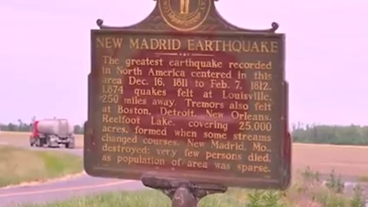 Historical marker detailing the powerful New Madrid Earthquake, a significant geological event.